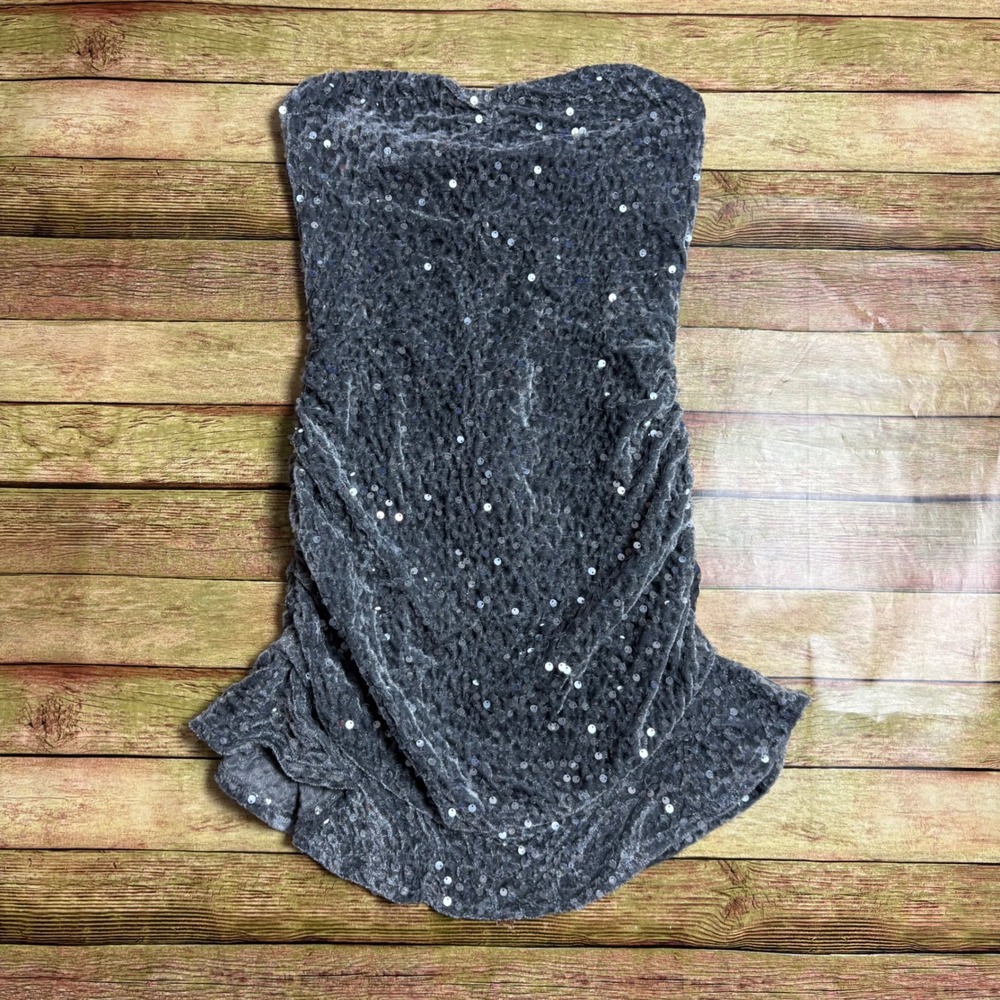 Edikted Ella Silver Sequin Velvet Ruched Tube Dress Grey Mini XS baddie y2k